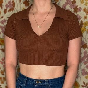 brown ribbed collared crop top